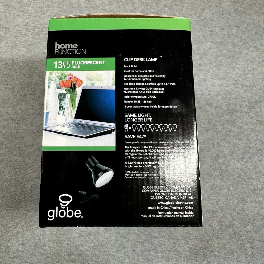Globe Home Function‎ Black Classic Clip Desk Lamp W/ CFL Bulb Back To School